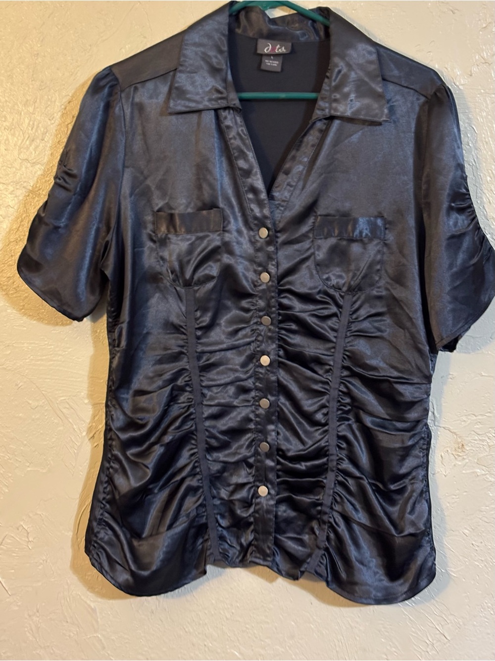 Dots Black Satin Ruched Button-Down Blouse